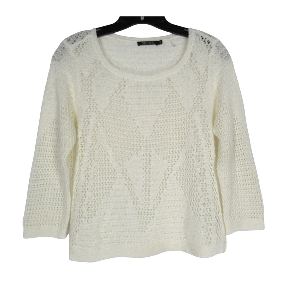 NIC+ZOE White OPEN WEAVE 3/4 Sleeves DIAMOND GEOMETRIC PATTERN Knit Sweater Sz S